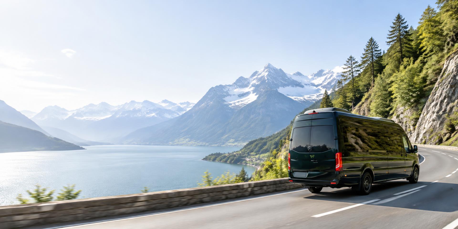 Passenger van travelling beside an Alpine lake